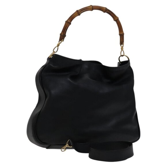 GUCCI Bamboo Hand Bag Leather 2way Black Gold Auth - Picture 1 of 16